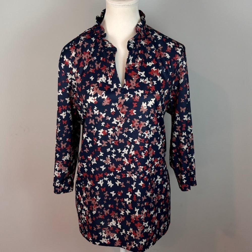 Vintage 80's Womens all over butterfly pattern ruffle collar long sleeve top XL
